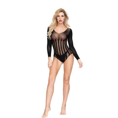 Fashion Busty Woman Deep V Transparent One Piece Underwear Long-sleeved Bodystocking