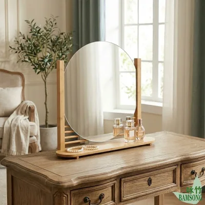 Oval Tabletop Makeup Mirror With Storage Tray Freestanding Rotatable Dressing Mirror For Bedroom Vanity Cosmetic Organizer