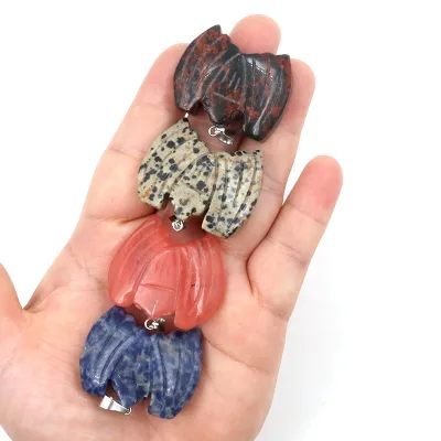 Large Hand Carved Stone Pendants Natural Healing Crystal Carved Gemstone Bat Pendant Charms for Jewelry Making Gift
