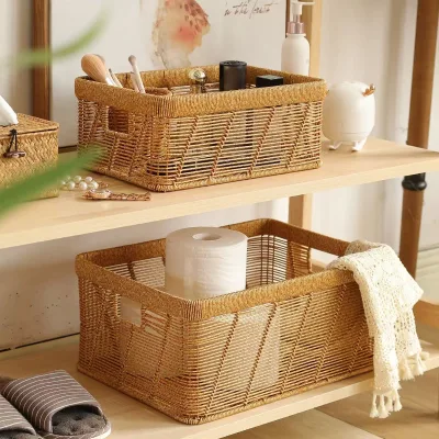 Rectangular Woven pp Rattan Storage Basket with Good Ventilation and Visibility for Storing Books, Documents and Other Items