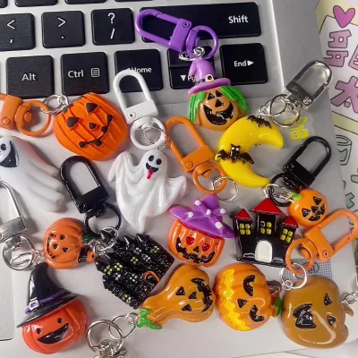 Halloween Pumpkin Light Keychain DIY Bag Charm Resin Night Ghost Pendant for Carnival Party Supplies