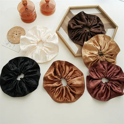 Autumn Coffee Color Satin Silk Scrunchies Wooden Ear Edge Pleated Design Hair Rope New Large Hair Accessories