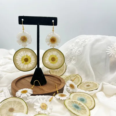 Botanical Resin Jewelry Handmade Dried Lemon and Pressed White Daisy Flower Earrings Gift for Her