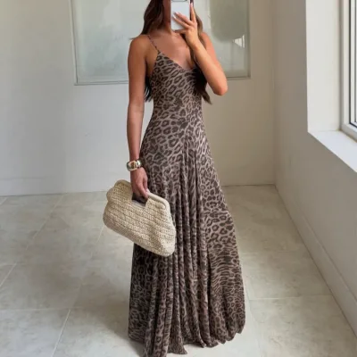 2026 Summer New Arrival Women's Fashionable and Versatile V-Neck Printed Suspender Dres