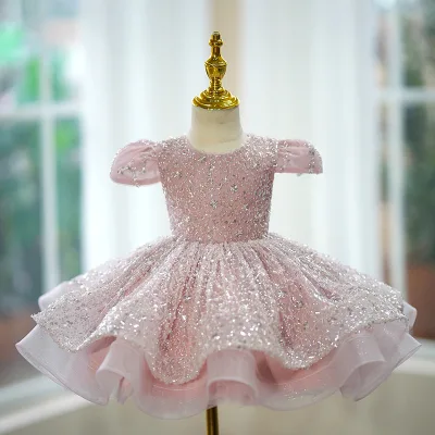 flower Girls' High-End Luxury Princess Dress girl pink sequin parties Show Performance Lace Decorated dress