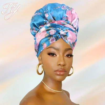 Hot Sale Factory Direct Custom Logo Silk Satin Ladies Hair Bonnets African Printed Long Hair Bonnet With Tie