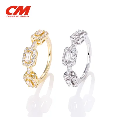 CM Jewelry Fashion Latest Real Gold Plated Ring 5A CZ Radiant Cut Square Chain Link Ring Stackable Eternity Bands for Women