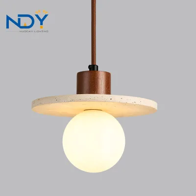 Modern Wabi Sabi Travertine Flat Disc Wood Pendant Light Opal White Glass Globe Single Hanging Lamp for Kitchen Bedside Decor