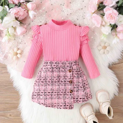 2024 Wholesale Fashion Toddler Girls 2Pcs Clothes Sets Ruffle Long Sleeve Ribbed Top Plaid Skirt Children Outfits