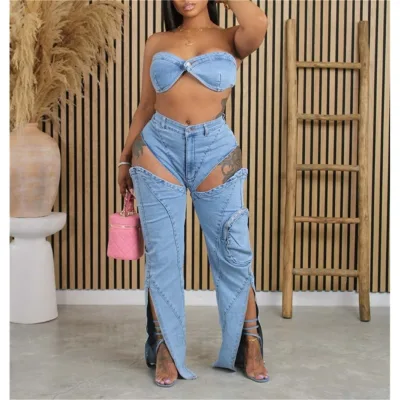 ZHEZHE Fashion Denim Zipper Hollow Out Two Piece Sets Women Sleeveless Backless Bra and Skinny Pants Outfits