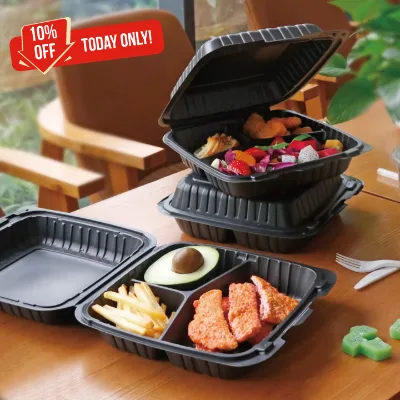 GuanZhan 9-Inch Biodegradable Disposable Food Container Microwave-Safe Clamshell Packaging 3 Compartments Classic Restaurant