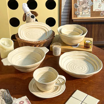 Modern Sesame-granulated Minimalist Style Aged Salad Bowl Dessert Plate Restaurant Irregular-shaped Non-regular Threaded