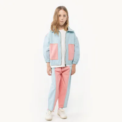 Private Label Light Blue Denim Set Girls Aged 3-7 New Arrival Cotton Washing Kids Jacket Jeans Pink Contrast Girls Clothing Set