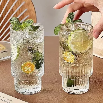 Vintage Classic Design Embossed Sunflower Stacking Cup Household Glacier Pattern Glass Water Cup for Iced Latte & Coffee