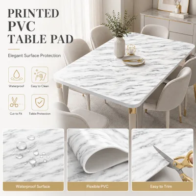 Marble Printed PVC Table Pad, Flexible Waterproof Vinyl Table Cover Easy to Clean Cuttable Decorative Table Protector