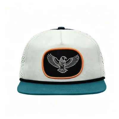 Waterproof Performance Leather Patch Eagle Logo Rope Laser Perforated Quick Dry Flat Bill Snapback Hat for Golf Outdoor