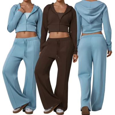 Womens Activewear Autumn and Winter Hooded Long Sleeve Casual Sports Straight Leg Pants Gym Workout Hoodie and Sweatpants Set