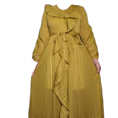 Summer Miyaki Casual Breathable Solid Color V-neck Ruffles Long Sleeve Belt Maxi Women Chiffon Nonwoven Pleated Dress
