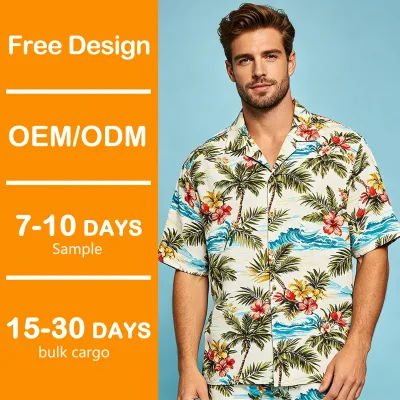 Custom Tropical Shirt Non Toxic Dyeing Palm Foliage Print Camp Collar Customized Logo Position Factory Direct Manufacturing
