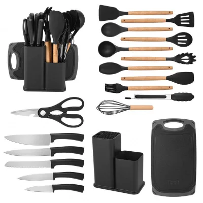 19-Piece Silicone Kitchenware Set with Wooden Handle Non-Stick Cooking Scoop Multi-Functional Integrated Knife Storage Bucket