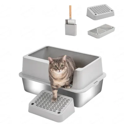 Semi Enclosed Cat Metal Litter Box Anti Leakage Odor Controlled Stainless Steel Cat Toilet with Scoop