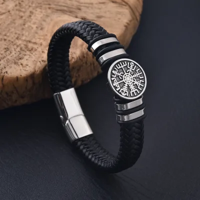New Arrival Men Stainless Steel Viking Leather Braided Bracelet Minimalist Nordic Fashion Wrist Cuff for Male Custom Wholesale