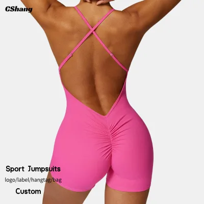 Custom Logo Running Workout Clothes Sport Jumpsuit Sleeveless Backless Bodysuit One Piece Yoga Jumpsuit Scrunch Romper for Women