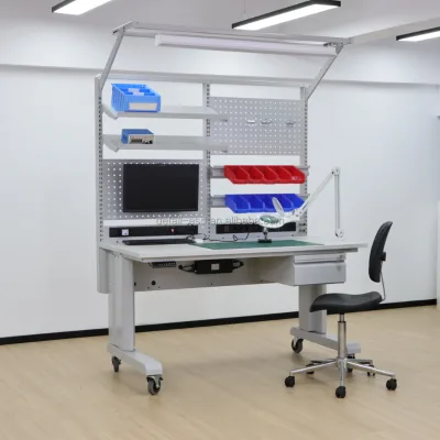 Detall RepairBench Electronics Repair Workbench Upper Shelves LED Task Light Parts Bins Power Strip Anti Static Design