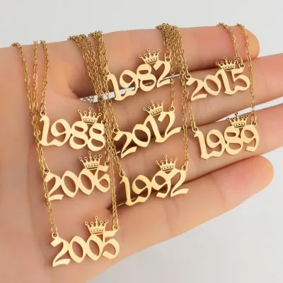 Gold Plated Stainless Steel Zircon Trendy Birthday Year Crown Number Necklace Custom Name 1980-2024 Chains Gift for Women Men