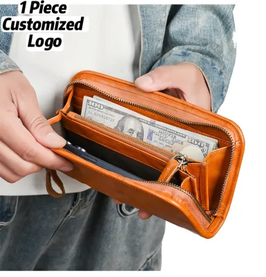 Genuine Leather Wallet & Phone Bag Multi-Layered Vintage Vegetable-Tanned Retro Casual Clutch Billeteras Para Hombre