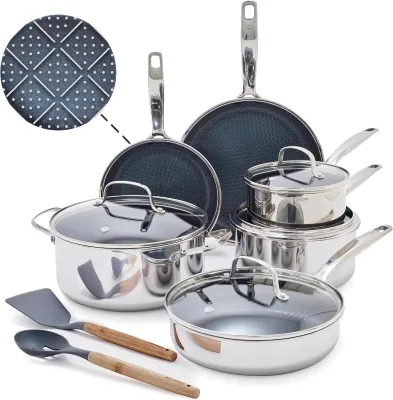 Hybrid Nonstick Stainless Steel 12 Piece Cookware Set, Frypan Saucepan and Stockpot Tri-Ply PFAS-Free Ceramic Diamond Bond