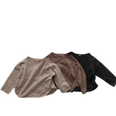 2022 New Spring Solid Color Baby Boys Girls Long Sleeve Retro Slub Cotton Loose Bottoming Undershirt T-shirt for Kids
