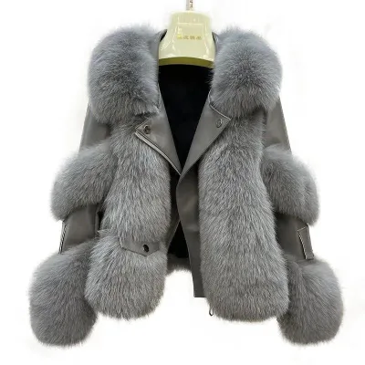 2023 New Design Women Winter Artificial Faux Fur Crop PU Jacket Fashion Motorcycle Coats for Ladies