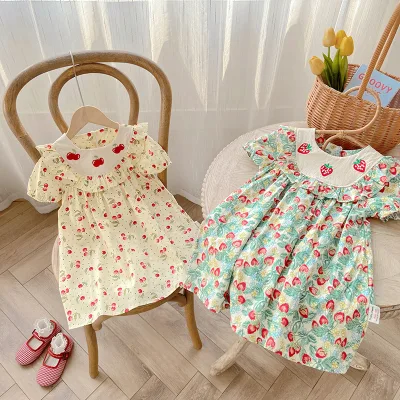 Summer New Strawberry Embroidered Ruffled Girls' Dress Cotton Fabric Short Sleeve Doll Skirt Sweet Style