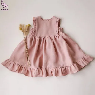 Children Little Princess Lace Tulle Linen Cotton Dress Summer Toddler Girl Ruffles Sleeveless Dresses