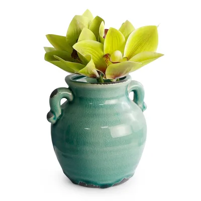 Hot Sale Eco-Friendly Ceramic Bud Vase Green Rustic Finished Pottery Tabletop Vase Ear Design for Wedding Home Decoration