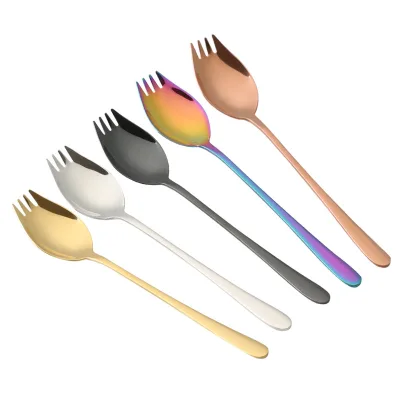 Hot Selling 8.2 Inch Long Handled Stainless Steel Spoon and Fork in One Dessert Salad Ice Cream Tableware