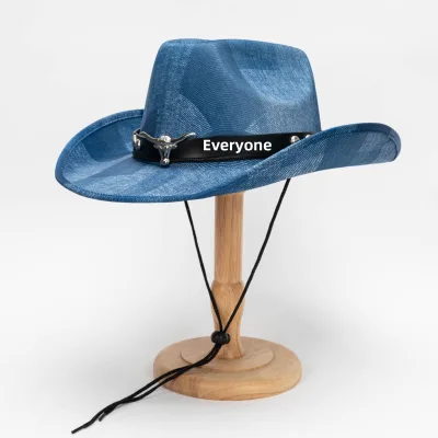 Vintage Western Cowboy Hat Wide Brim Bull Head Belt Denim Fabric Cowboy Hats