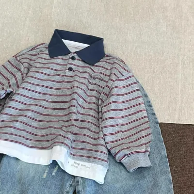 Korean Children Clothing Children's Autumn Korean-style Striped Polo Shirt 85% Cotton 15% Polyester Pullover Casual