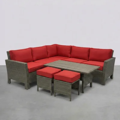 All-Weather L-Shaped Patio Conversation Set with Wicker Corner Sofa, 2 Stools & Wood-Look Top Coffee Table