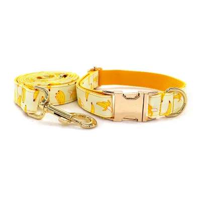 2 pcs set Yellow Banana Dog Traction Rope Dog Collar Pet Supplies Engravable Gold Metal Buckle 1.5m Rope