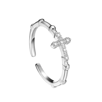 S925 Silver Zirconium Inlaid Cross Ring for Women Fashionable Personalized, Light Luxury Bamboo Texture Opening Design Ring