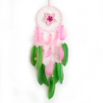 Crocheted Dream Catcher with High-End Feather Pendant Ins Pink Boho Style for Girly Bedroom for Window Sill or Wall Decor
