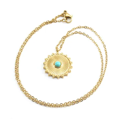 Fashion Jewelry Necklace Boho 18K Gold Plated Stainless Steel Textured Coin Pendant Turquoise Stone Necklace for Women