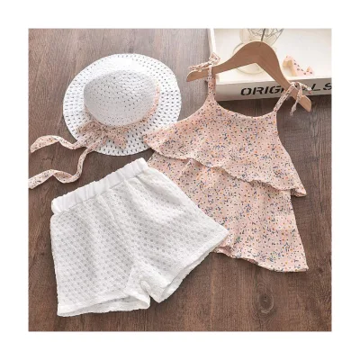 European American Summer Girls' Three-Piece Western Style Suit Cake Floral Chiffon Top Hollow White Shorts Straw Hat Worsted