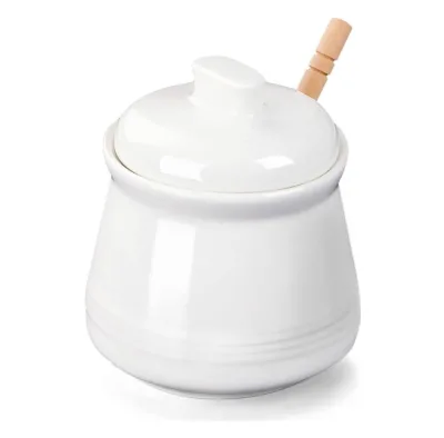 Porcelain Honey Jar with Lid and Honey Stick,Ceramic Honey Pot,12oz (White)