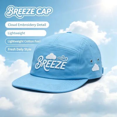 Solid Light Sky Blue 5 Panel Quick Dry Camper Cap Cloud Embroidery SKY HIGH Rear Letter Summer Outdoor Hat