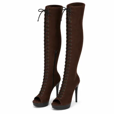 Custom Wide Feet Size Larger Size Extra Size Heels Brown Suede Thigh High XL Boots OEM ODM Wholesale Shoe Factory for B2B Buyers