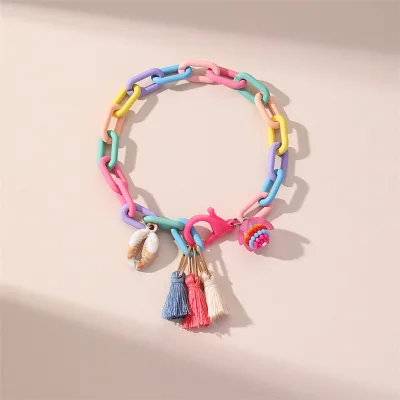 Hot Sale Large Colorful Acrylic Link Chain Tassel Cowrie Shell Anklet for Women's Gift