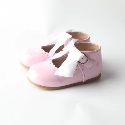 Princess Pink Leather Mary Jane Shoes with Satin Bow and Buckle Strap for Toddler Girls-Casual Shoes with Rubber Outsole